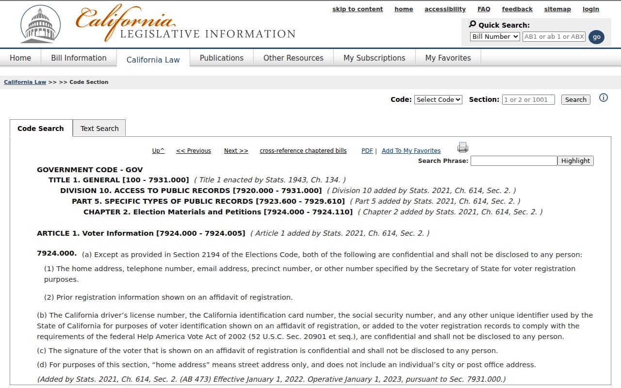 Oakland ZIP code directory California voter address confidentiality law